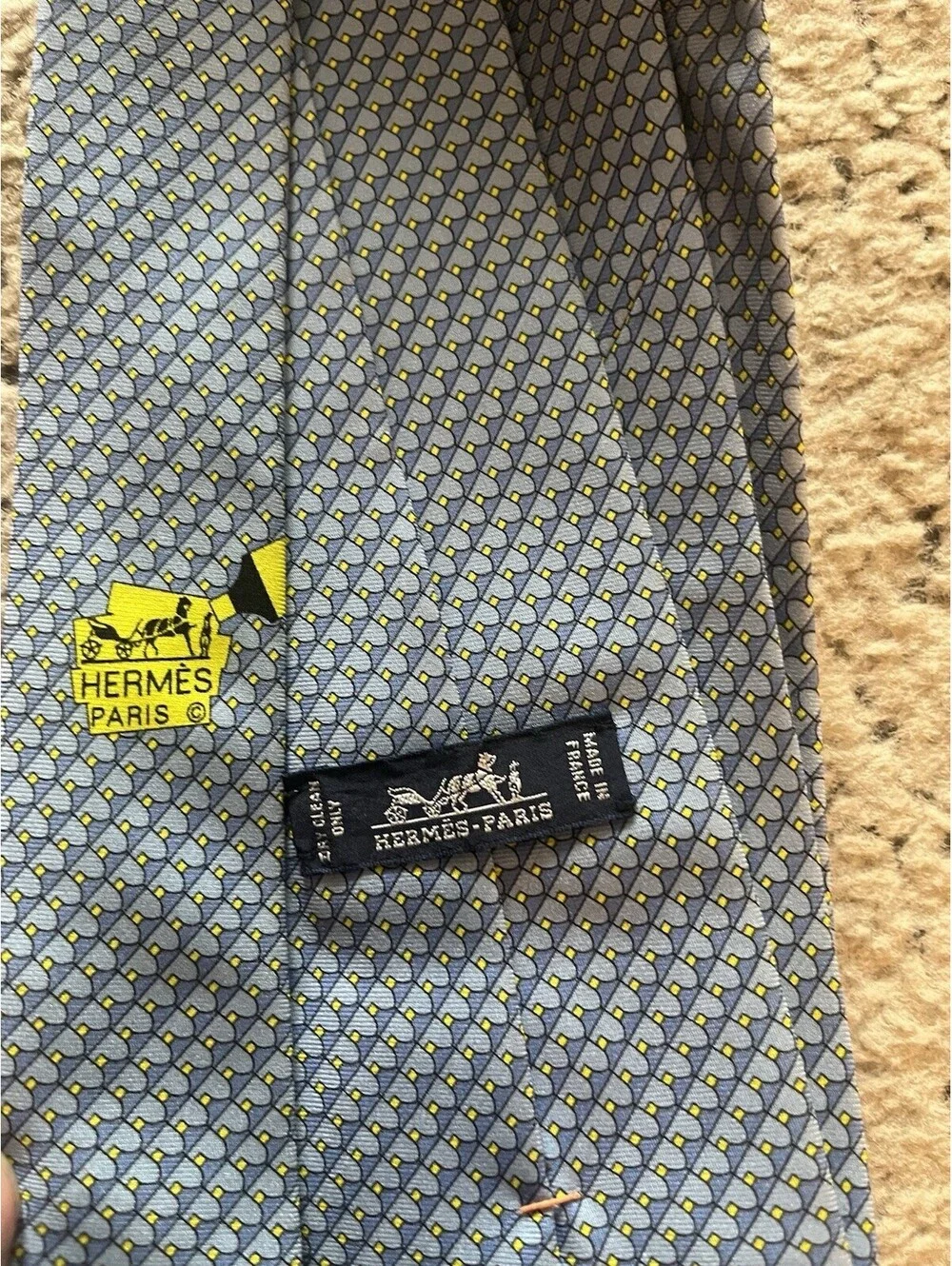 Hermes Paris Silk Tie Blue Yellow Geometric Pattern